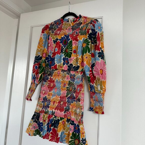 Farm Rio Sunny Daisies Mini Dress Floral Smocked High Neck Puff Sleeves Size XS - Picture 6 of 10